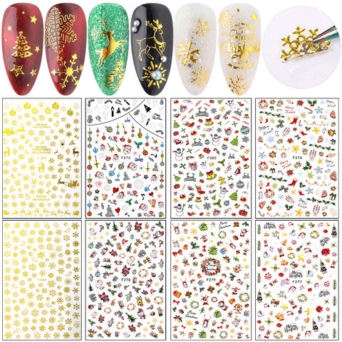 8 Sheets Christmas Nail Art Stickers Self Adhesive Foil Nail Decals 3D Gold and Colorful Winter Xmas Nails Supply Acrylic Nails Design Sticker Christmas Holiday Snowflake Nail Decor Manicure Tips