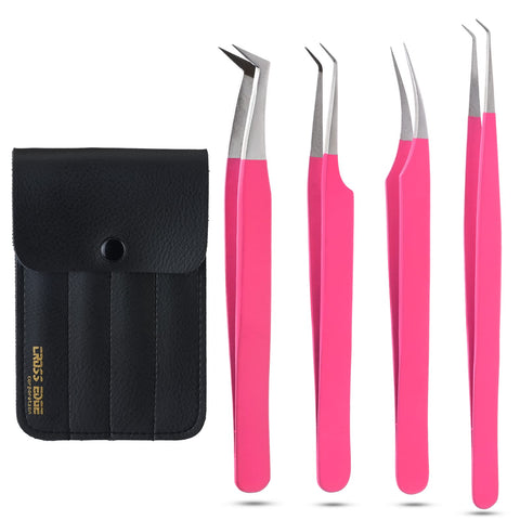 My Lash Tools - Fiber Tip Lash Tweezers for Eyelash Extensions Professional Set of 4 Isolation, Curved & Volume Tweezers Set Japanese Steel Eyelash Extensions Supplies (Matte Pink)