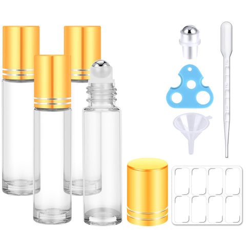 Bofessor Essential Oil Roller Bottles, 10ml Clear Glass Roll on Bottles with Stainless Steel Roller Ball, Opener, Plastic Pipettes, Funnel, 8 Stickers, Refillable Container for Perfume 4 Pack