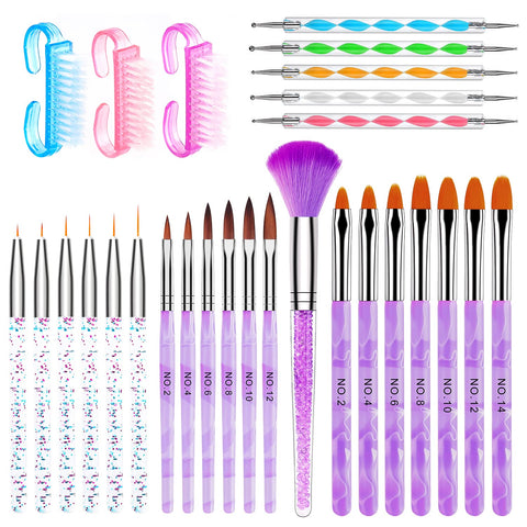 28 Pcs Acrylic Nail Brush Set Including 7 Pcs UV Gel Nail Art Brushes, 6 Pcs 3D Nail ExtensionÂ Brush, 5Pcs Double Ended Dotting Nail Pen ForÂ NailÂ ArtÂ DIY With White Box