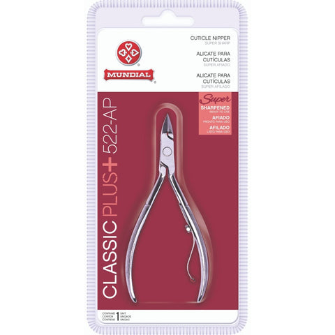 Cuticle Nipper Super Sharp - MUNDIAL 522-AP - Cuticle Trimmer for Manicure Kit and Pedicure Tools, Carbon Steel Handlee with Durable Spring. Tip Guard Included