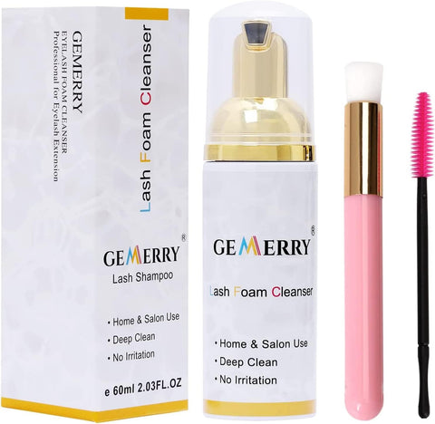 Eyelash Extension Shampoo 60ml + 1 Brush, GEMERRY Eyelid Foam Cleanser for Extensions and Natural Lashes, Paraben & Sulfate Free/Safe Makeup & Dust Remover for Professional & Self Use