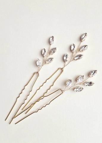 Kercisbeauty 3PCS Handmade Simple Crystal Leaf Leaves Hair Pins for Wedding Bridal Bridesmaids Flower Girls,Dancing Prom Party,Vintage Boho Hair Accessory(Silver)