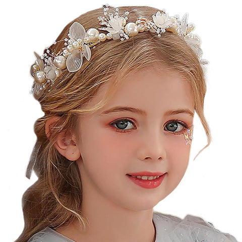 Campsis Princess Flower Crystal Headpiece Gold Rhinestone Pearl Headband Alloy Floral Bridal Hair Accessories Communion Wedding Prom Photography for Girls and Women