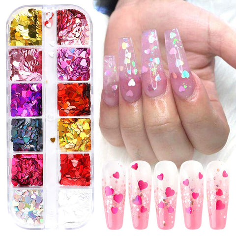 Valentine's Day Nail Art Sequins Colorful Heart Nail Glitters Flakes Holographic Shiny Nail Flakes Acrylic Nails Supplies 3D Nail Art Decorations Accessories Iridescent Glitter Nail Design Decor Set