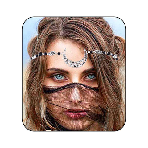 Obmyec Boho Crecent Moon Head Chain Witchy Forehead Chain Vintage Headband Chain Crystal Head Jewelry for Women, Alloy Rhinestone