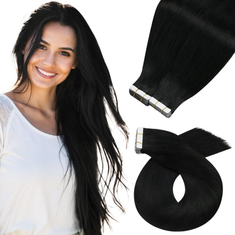 14 Inch, 1B: Moresoo 14 Inch Seamless Skin Weft Glue on Hair Tape on Extensions Full Head 40 Pieces 100 Grams Per Pack #1B Off Black Straight Unprocessed Remy Human Hair