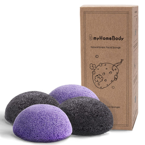 myHomeBody Natural Konjac Facial Sponges - for Gentle Face Cleansing and Exfoliation (2 Lavender Purple, 2 Charcoal Gray)