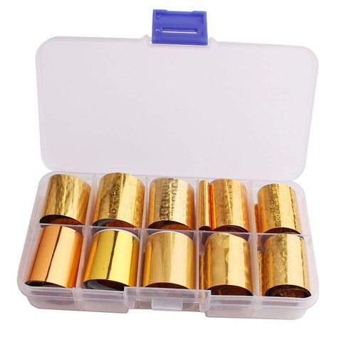 WOKOTO 10 Rolls Gold Foil Nail Art Transfer Stickers Tips Laser Adhesive Nail Wraps Decals Starry Sky Manicure Decoration (0.98inchs39.4inchs)