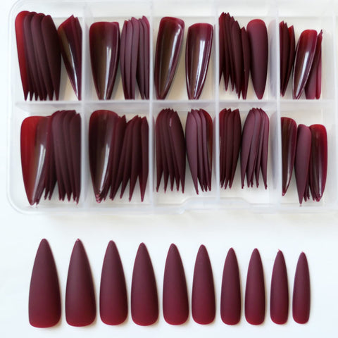 100PC Matte Stiletto Press on Nails Full Cover Pointy Claw Colored False Nails Christmas Manicure Design Decor for Salon Home DIY (Wine Red)