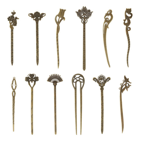 12 Pack Vintage Retro Ancient Chinese Japanese Metal Hair Sticks Pins Picks Carved Long Straight Horn Fork Pen Hairpins Chopsticks Clips Barrettes for Bun Chignon Decorative Hair Holder Bulk