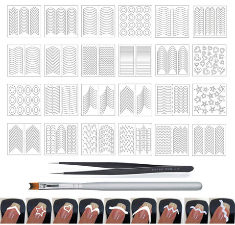 WOKOTO 24 Sheets French Nail Stickers For Women Heart Shape Star Wave Smile Shapes Image French Tip Guides Stickers With 1 Pcs Anti-Static Tweezers And 1 Pcs French Brush Set