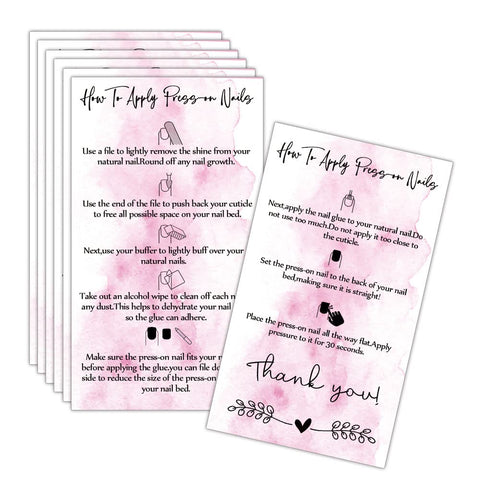 MAOSH Press-On Nail Application Instructions Cards, Aftercare Instructions Cards, 2 x 3.5inch inch Business Card Size, DIY Press-On Nail Kit 50 Pack, White and Pink Design