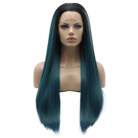 Lace Front Synthetic Wig Straight Super Long Dark Root Blue Green Mix Ombre Stylish Realistic Wig