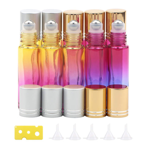 jiuwu 10 Pack 10ml 1/3 Oz Gradient Color Glass Stainless Ball Roller Bottles Beauty Cosmetic Essential Oils Vials Bottles 5 Funnels + 1 Bottle Opener, stainless