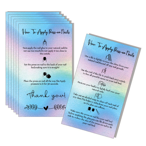 Press-On Nail Application Instructions Cards, Aftercare Instructions Cards, 50 Pack 2 x 3.5" inch Business Card Size, DIY Press-On Nail Kit