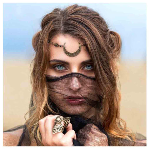 Olbye Moon Head Chain Black Raw Crystal Headband Boho Hair Piece for Women and Girls Personalize Hair Chain