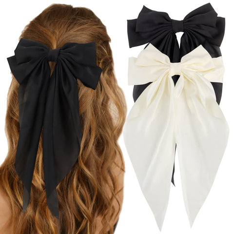 Silky Satin Hair Bows 2 Pcs Big Hair Bows for Women Hair Ribons Oversized Long Tail White Hair Bow Black Hair Bow Large Hair Barrettes for Women French Barrettes Metal Clips Hair Clip (White,Black)
