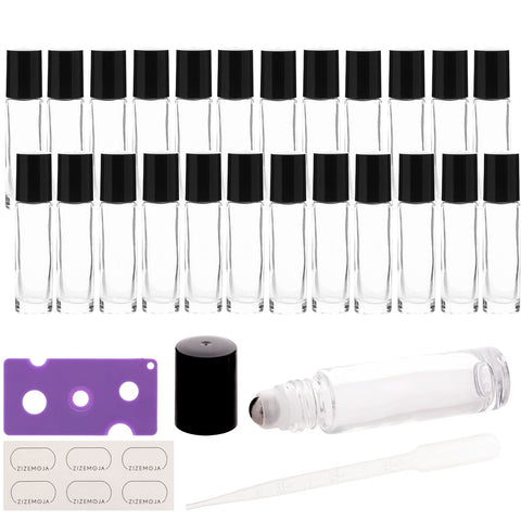 10ml Essential Oil Roller Bottles, 24 Pack Leak-proof Glass Roll on Bottles for Essential Oils, with Stainless Steel Roller Balls, 1 Extra Roller Ball, 24Labels, 1 Openers, 2 Droppers, Clear