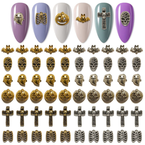 SILPECWEE 60pcs Halloween Nail Charms for Nail Art 3d Charms for Nails Design Retro Cross Pumpkin Bat Skulls Nail Art Charms Alloy Nail Jewels Holiday Nail Decoration DIY Accessories