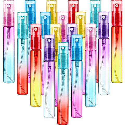 18 Pieces Mini Perfume Spray Bottles 8 ml Colorful Glass Bottles Portable Travel Mister Refillable Empty Container Atomizer for Cleaning, Travel, Essential Oils, Perfume, 6 Gradient Colors