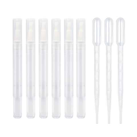 6pcs 3ml Empty Cuticle Oil Pen with 3pcs Pipettes Transparent Twist Pens Nail Oil Pen with Brush Tip Cosmetic Container Applicators for Homemade Nail Oil, Lip Gloss, Eyelash Growth Liquid etc.
