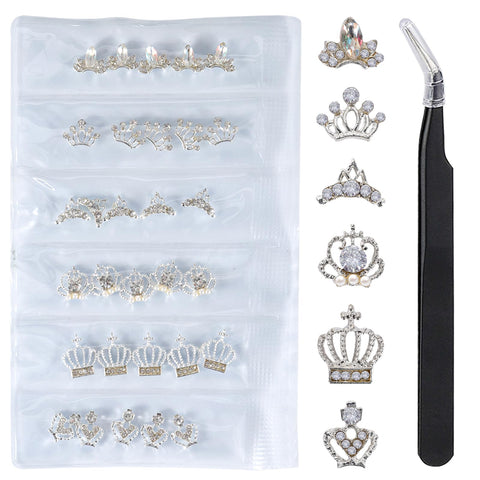 WOKOTO 30 Pcs 3D Alloy Nail Art Decoration Set Silver Crown Nail Studs Rhinestones Clear Crystals Manicure Jewelry With 1Pc Tweezers
