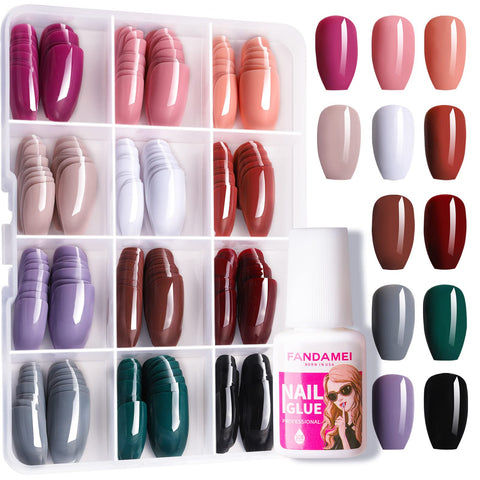 288PCS Press on Nails Medium Length, FANDAMEI 12 Sets Short Fake Nails False Ballerina Coffin Press on Nails, 12 Solid Color Glossy False Nail Tips for Women Girls Nail Art DIY with 10g Nail Tips Glue