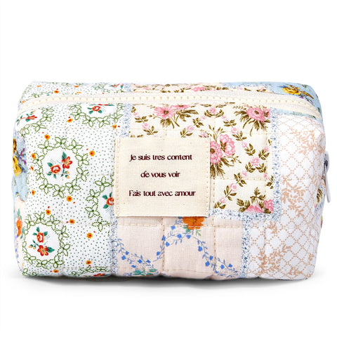 Sminra 2 Pieces Makeup Bag Cute Large Travel Quilted Cosmetic Makeup Bag Organizer, Floral Cotton Coquette Aesthetic Toiletry Bag Storage Bag for Women Girls accessories, Blue Floral-S, Coquette