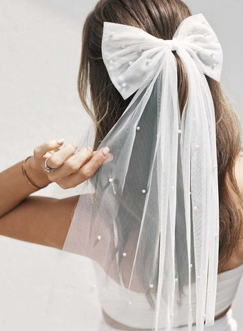 Jeairts Pearl Tulle Hair Bow White Veil Clip Pearl Wedding Hair Piece Bridal Bow with Barrette Pre-wedding Party Hair Accessories for Women and Girls (Style A)