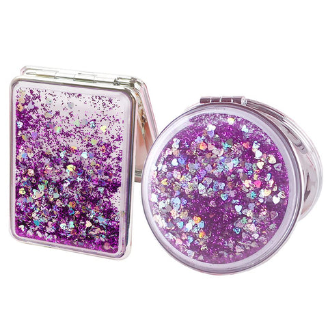Mollensiuer 2Pcs Folding Double-Sided Mirror Glitter Small Mirror Folding Handheld Pocket Mirror Portable Travel Makeup Mirror for Pockets, Bags and Travel, Purple
