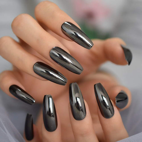 CoolNail Reflective Mirror Punk Design Silver Gray Metal Plating False Acrylic Nail Tips Metallic Ballerina Coffin Fake Nails