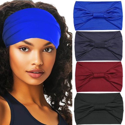 Woeoe Fashion Turban Knotted Headbands Black Stylish Yoga Head Wraps Wide Elastic Head Scarf for Women and Girls (Pack of 4)