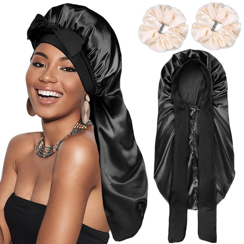 FIRSTPELLA Women's Silk Satin Long Braided Sleep Cap for Black Women with Curly Hair, Black