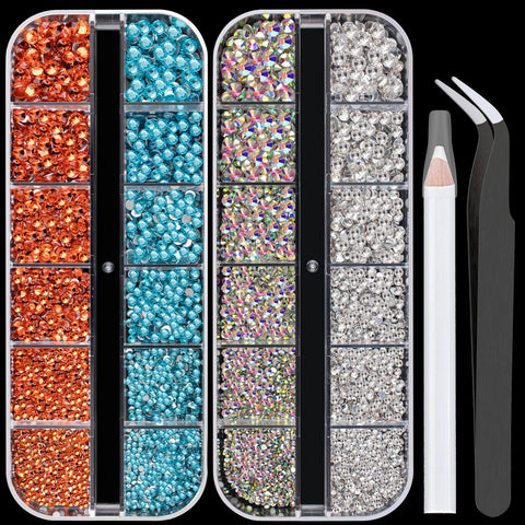 Flat Back Round Glass Nail Art Rhinestones Set 6, Crystal AB+Clear+Orange+Lake Blue Gem Bead Jewels Kits with Picker Pencil and Tweezer for Professional and Home DIY Use
