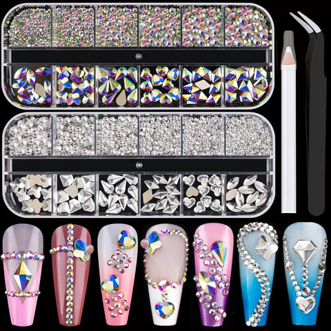Flat Back Multi-shaped And Round Glass Nail Art Rhinestones Set 1, Crystal AB And Clear Gem Bead Jewels Kits With Picker Pencil And Tweezer For Professional And Home DIY Use