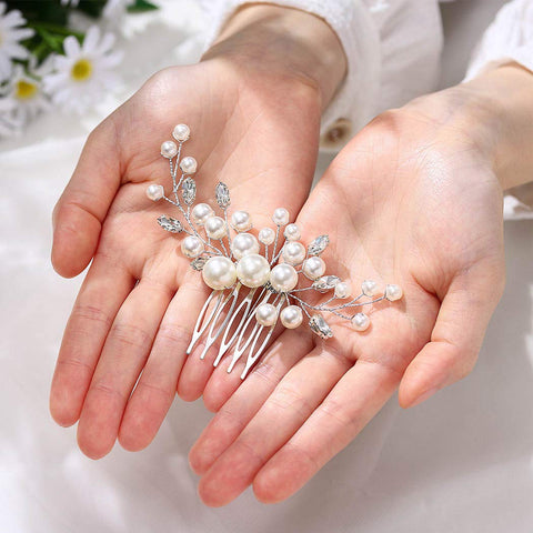 Unicra Bride Pearl Wedding Hair Comb Silver Bridal Side Comb Crystal Hair Accessorie for Women and Girls