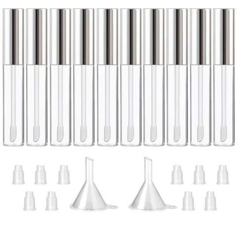 GTHER 10PCS 10ML Empty Lip Gloss Containers Tube & Silver Lid & Brush Tip Applicator Wand & Funnel & Rubber Stoppers for DIY Lip Refillable Makeup, Silver