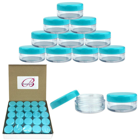 (Quantity: 50 Pieces) Beauticom 5G/5ML Round Clear Jars with TEAL Sky Blue Lids for Scrubs, Oils, Toner, Salves, Creams, Lotions, Makeup Samples, Lip Balms - BPA Free