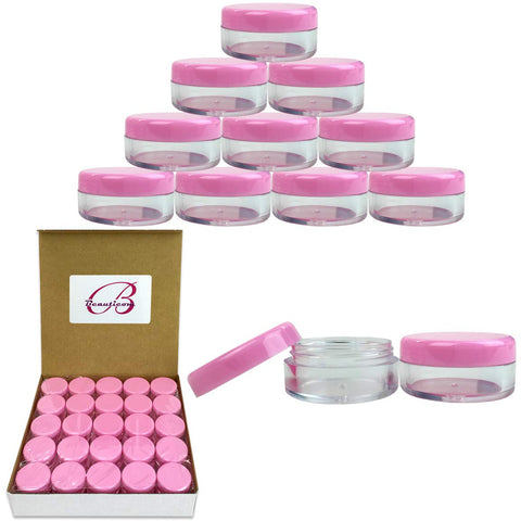 Beauticom 50 Piece 5g/5ml Round Acrylic Clear Jars with Lids for Cosmetics, Lotion, Creams, Make Up, Beads, Charms, Rhinestones, Accessories and Much More! (Pink Lid)