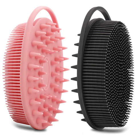2 Pack Silicone Body Scrubber, Silicone Loofah Double-Sided Body Brush,Silicone Shower Scrubber and Scalp Massager Shampoo Brush for Sensitive Kids Women Men All Kinds of Skin (Black & Pink)
