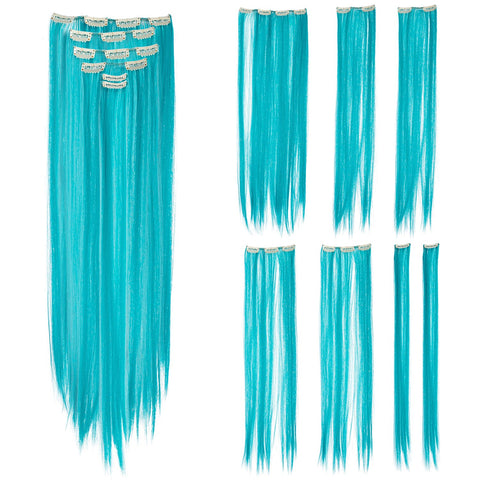 22-Inch Straight , Teal Blue : SWACC 7 Pcs Full Head Party Highlights Clip on in Hair Extensions Colored Hair Streak Synthetic Hairpieces (22-Inch Straight, Teal Blue)