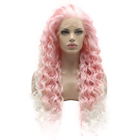 Lushy Stylish Long Curly Pink Root White Ombre Wig Heavy Density Heat Resistant Synthetic Lace Front Wig