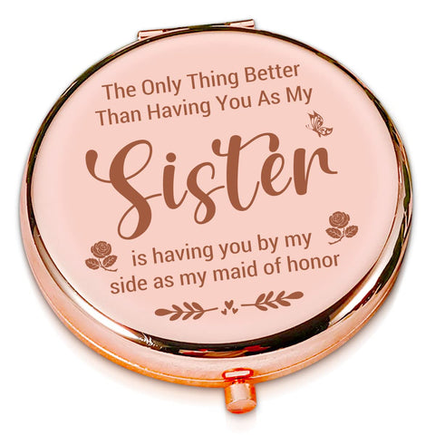 LRUIOMVE Bridesmaid Gift for Sister Wedding, Funny Rose Gold Engraved Travel Makeup Mirror, Compact Pocket Cosmetic Mirror for Women Friends Sister Wedding Bridal Bridesmaid Shower Gift