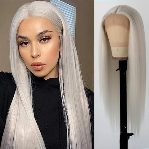 Aubree Platinum White No Lace Wigs Synthetic Wigs for Fashion Women Platinum Hair Blond Long Straight No Lace Front Wigs Glueless Heat Resistant Fiber Hair for Cosplay Party Use 24inches