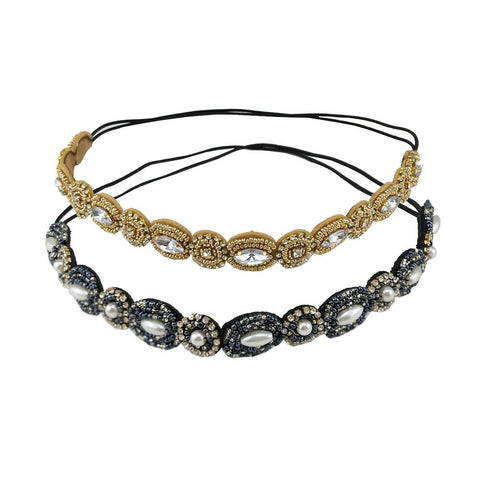 Navy blue + Gold : yueton Pack of 2 Handmade Crystal Rhinestone Beads Elastic Headband Hair Band Women Hair Accessories (Navy blue + Gold)
