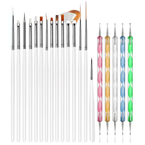 JOYJULY 20pcs Nail Art Design Tools, 15pcs Painting Brushes Set with 5pcs Dotting Pens, WHITE …