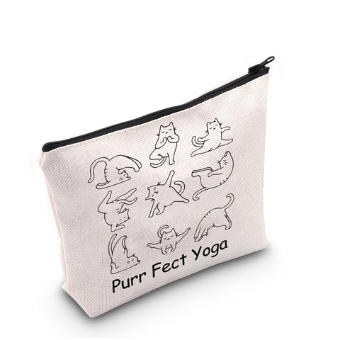 G2TUP Yoga Gift Purr Fect Yoga Makeup Bag Cat Yoga Cosmetic Bag Cat Lover Gift Yoga Instructor Gift Yoga Lover Gift Zipper Travel Pouch, Purr fect yoga White Bag