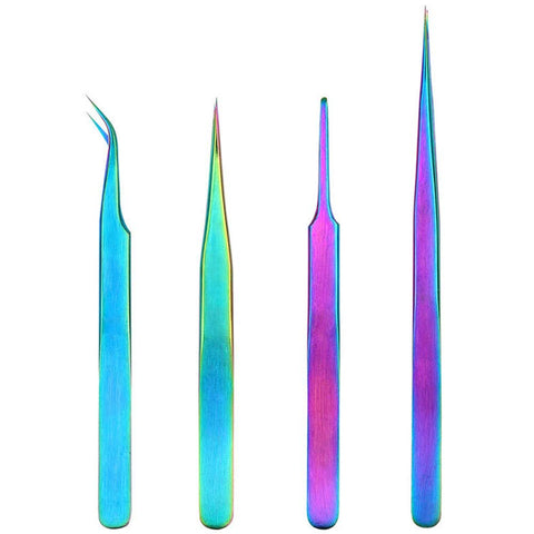 HERIS 4pcs Rainbow Stainless Steel Tweezers Kit Anti-Static Precision Tweezers Set For Eyelash Extension Facial Hair Eyebrows Nail Art