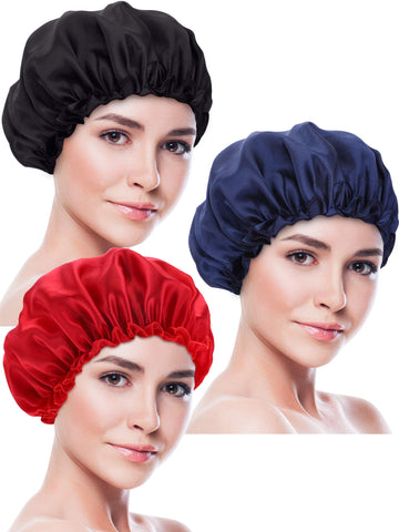 Blulu 3 Pieces Sleep Cap Satin Bonnet Night Head Cover Sleeping Soft Hair Turbans for Women and Girls (Black red navy)